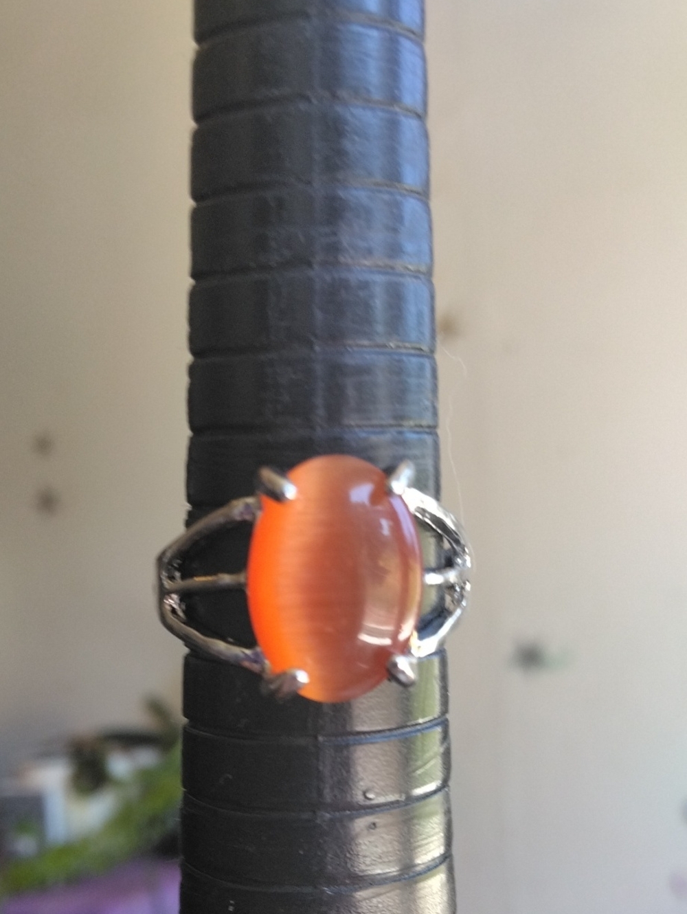 Orange Cat's Eye Oval Ring Silver Tone